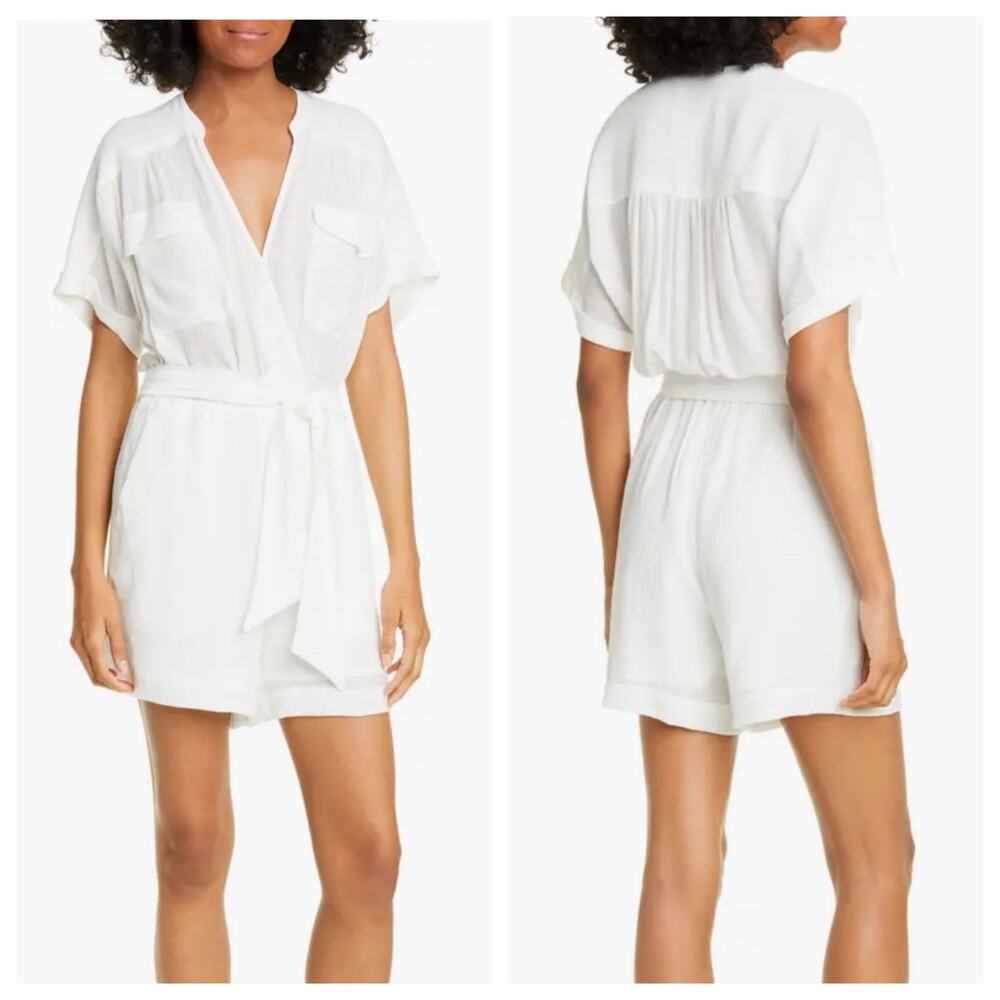Brochu Walker Romper White Gauze Short Sleeve V Neck Belted Jas Shorts